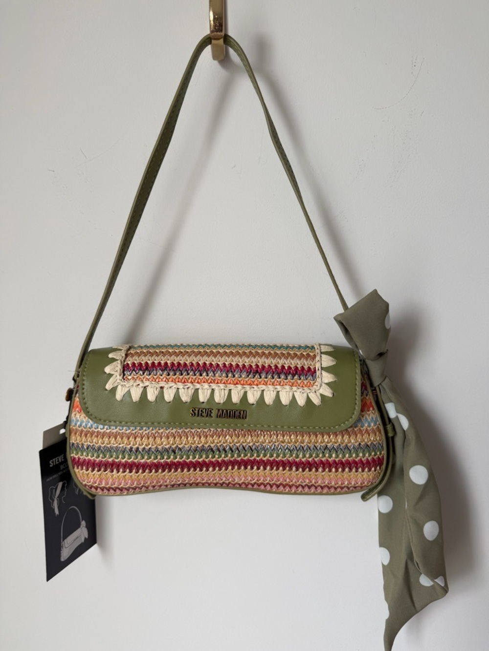 Steve Madden green striped Woven Shoulder Bag with polka dot scarf